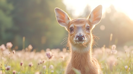 Little fawn in the meadow at sunset. Beautiful animal portraitの写真素材