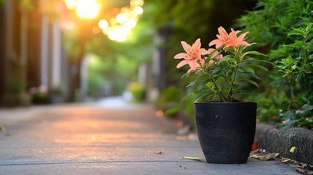 Beautiful lily flower in flowerpot on the street with sunlight.