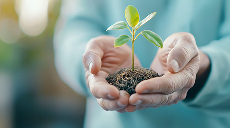 Hands of senior woman holding a small green plant in the groundの写真素材