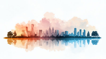 Cityscape with silhouette of skyscrapers and lake. Mixed mediaの写真素材