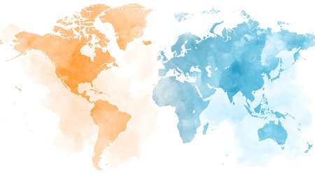 Watercolor world map on a white background. Watercolor painting.の写真素材