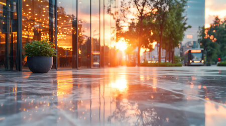 Reflection of the sunset in the glass of a modern office buildingの写真素材