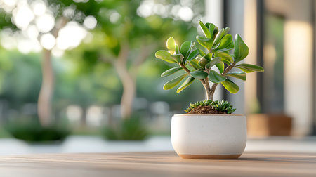 Small plant in pot on wooden table in coffee shop, stock photoの写真素材