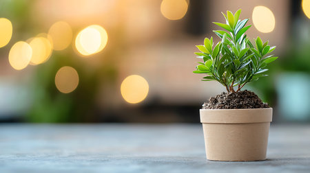 Small plant in pot on wooden table with bokeh light backgroundの写真素材