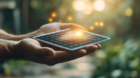 Solar panel in the hands of a man. Selective focus. nature.