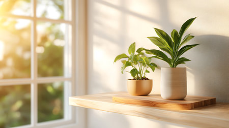 Plants in pots on wooden shelf near window. Interior design conceptの写真素材