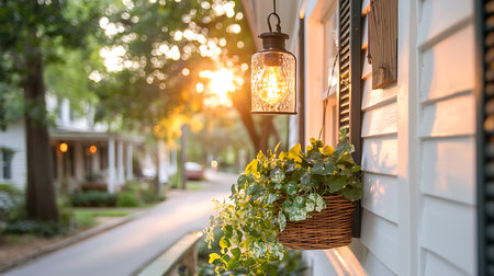Lantern hanging on the wall of the house with flowers.の写真素材