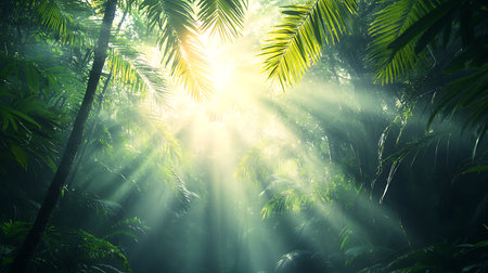 Sunlight rays through the leaves of palm trees in the jungle.の写真素材