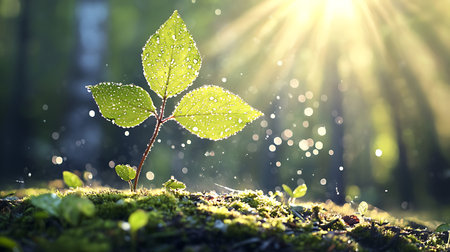 Green sprout in the forest with morning dew and sun rays