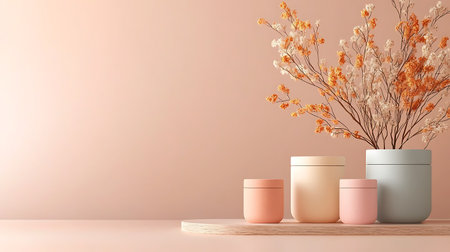3d render of cosmetic product display podium with dried flowers in vase.の写真素材