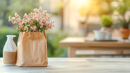Bouquet of beautiful flowers in paper bag on table in cafeの写真素材