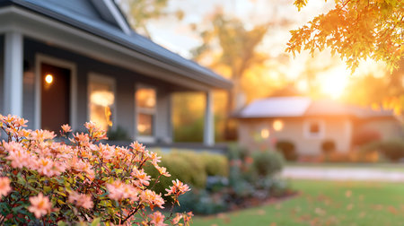Beautiful view of modern house in the garden at sunset. Real estate concept.の写真素材