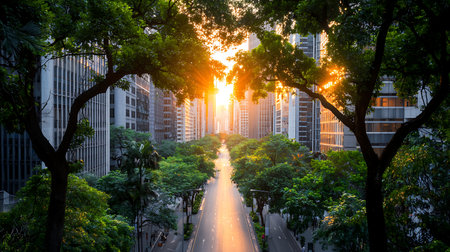 Highway in the middle of the city at sunsetの写真素材