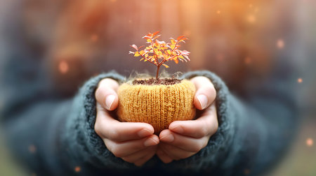 Hands holding a seedling in a pot with bokeh background