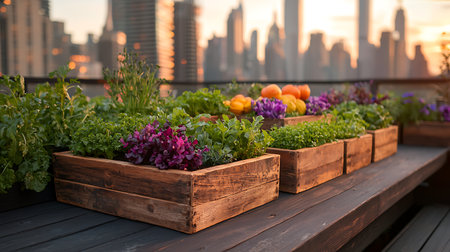 Fresh herbs in wooden boxes on the balcony with cityscape background.の写真素材