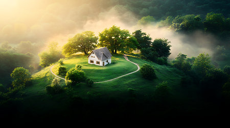Beautiful landscape with a small house on the hillside in the fog.の写真素材