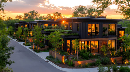 Sunset in a row of modern luxury villas in the cityの写真素材