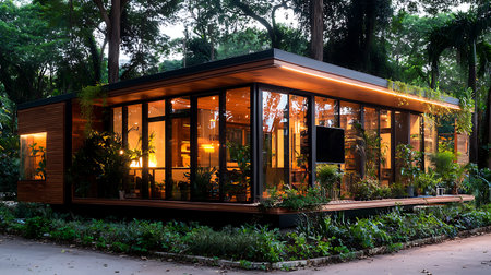 Beautiful night view of modern house in tropical garden, Thailand.の写真素材