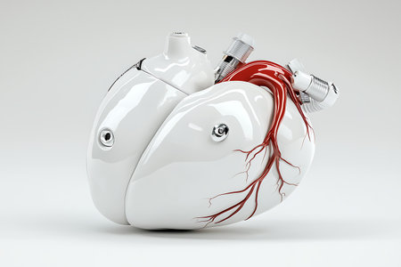 3d rendering of a human heart with red blood on white backgroundの写真素材