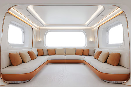 Interior of a modern airplane with leather seats and white walls. 3d renderingの写真素材