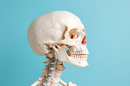Human skeleton model on blue background. Anatomy and healthcare concept.の写真素材