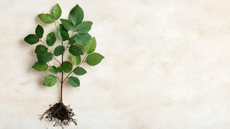 Plant with roots and soil on grunge background, top view