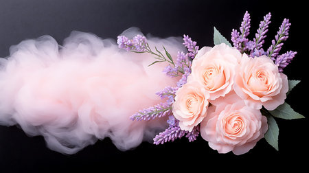 Pink rose bouquet with lavender and smoke on black backgroundの写真素材