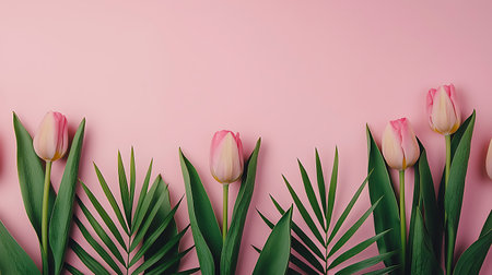 Tulips and palm leaves on pink background. Flat lay, top view minimal concept.の写真素材