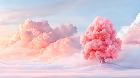 Cloudscape with big pink tree, 3d rendering. Computer digital drawing.の写真素材