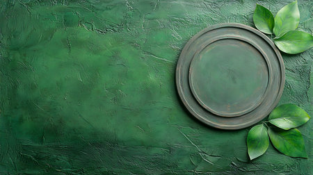 Empty plate and green leaves on color textured background, top viewの写真素材
