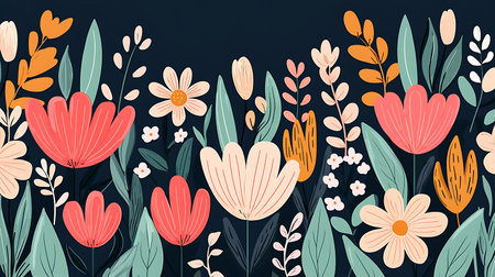 Seamless pattern with flowers and leaves. Hand drawn vector illustration.の写真素材