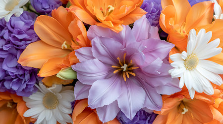 Beautiful spring flowers background. Tulips, gerberas, hyacinthsの写真素材
