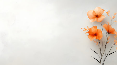 Orange poppies on white background with copy space. Flat lay.の写真素材