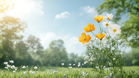 Beautiful meadow with wild flowers on sunny day. Nature backgroundの写真素材