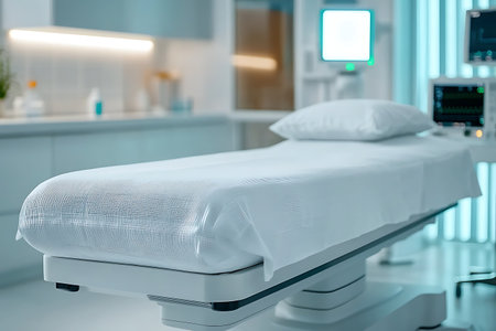 Medical bed in a modern hospital ward. Medical equipment and healthcare concept.の写真素材