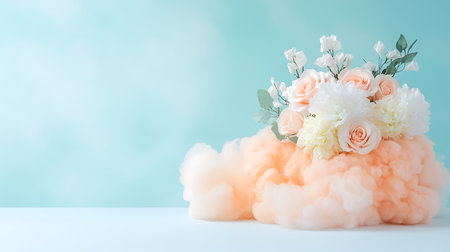Cotton candy with flowers on pastel blue background, stock photoの写真素材