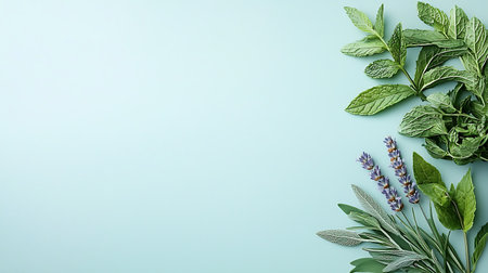 Fresh mint leaves and lavender flowers on mint background. Top view with copy spaceの写真素材