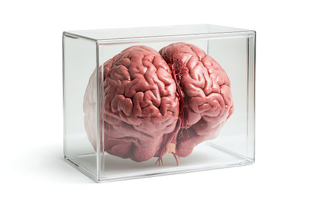 Human brain in glass cube, 3D rendering isolated on white background