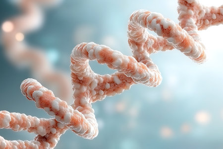 Highly rendering of dna molecule on blue background with bokehの写真素材