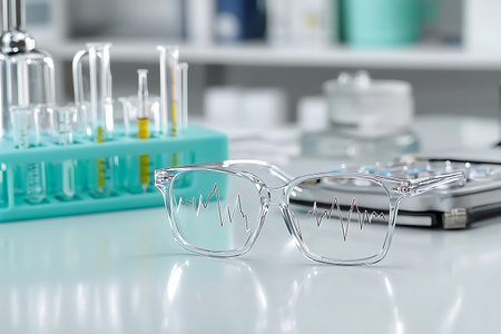 Glasses and test tubes on table in laboratory. Medical equipment.の写真素材