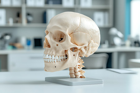 Human skull model on table in office, closeup. Medical conceptの写真素材