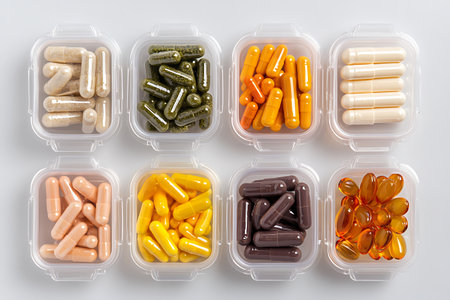 Colorful pills in plastic box on white background, top view.の写真素材