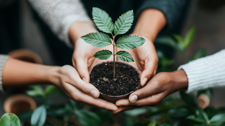 Cropped shot of woman and man holding small green plant in pot