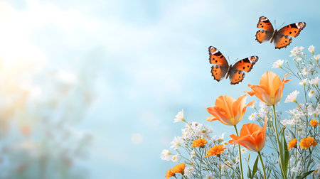 Beautiful spring flowers and butterfly on blue sky background, space for textの写真素材