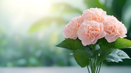 Bouquet of pink peony flowers with green leaves in sunlight.の写真素材