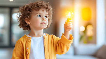 Cute little boy holding a glowing light bulb in his hand. He is looking at it and smiling.