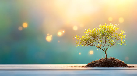 Small tree on wooden table with bokeh background, nature and environment concept