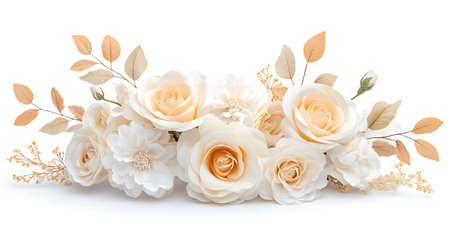 White roses bouquet isolated on white background. Flat lay, top view.の写真素材