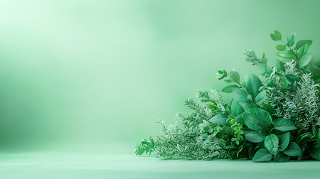 Green leaves on green background with copy space. 3d rendering.の写真素材