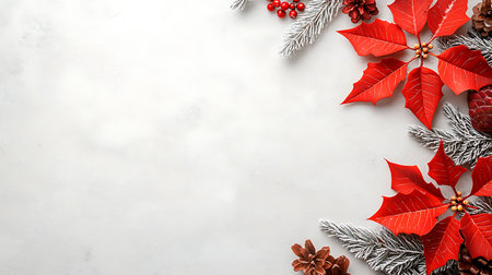 Christmas background with poinsettia, pine cones and berries. Top view with copy spaceの写真素材